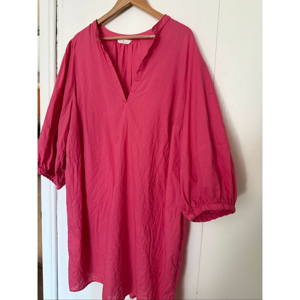 H&M Linen Blend Pink V-Neck Balloon Sleeve Tunic Dress Women’s XL - Picture 4 of 11